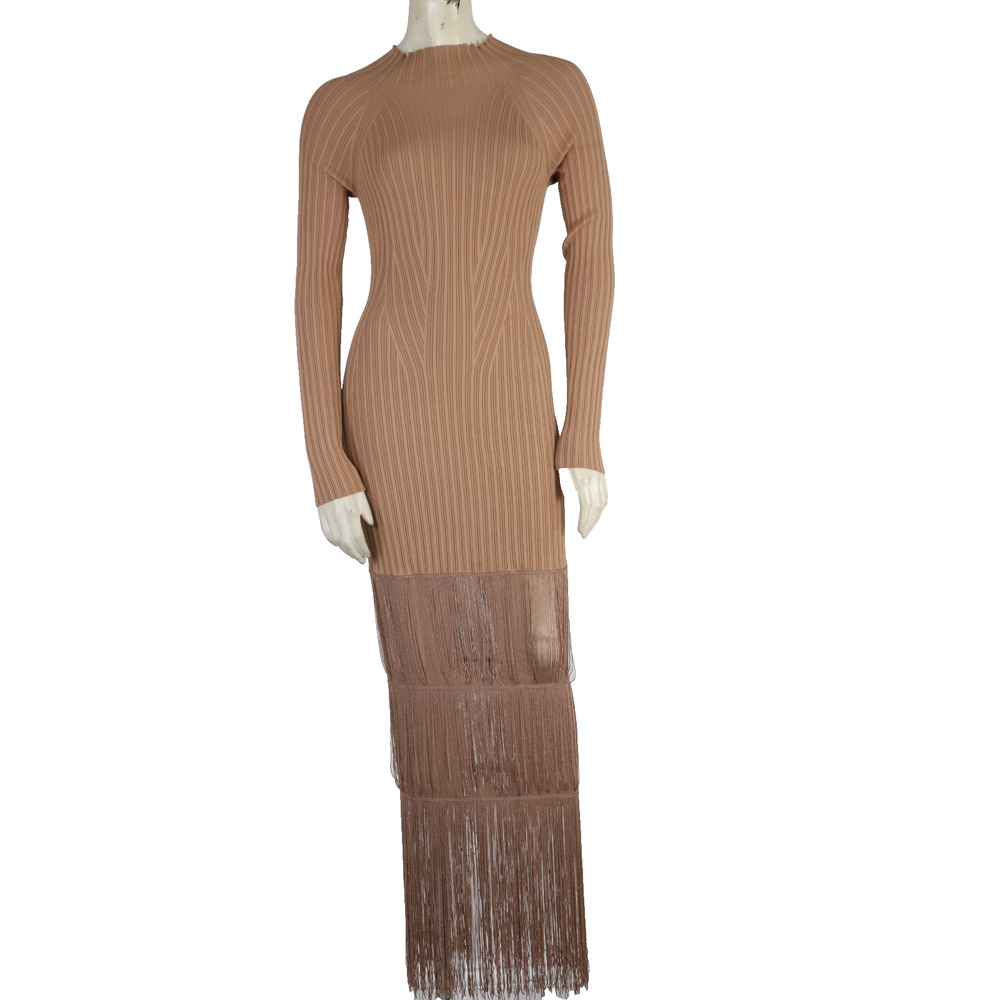 KHAITE The Cedar Fringed Ribbed Knit Long Sleeve Maxi Dress Camel Tan Size S - Picture 6 of 15